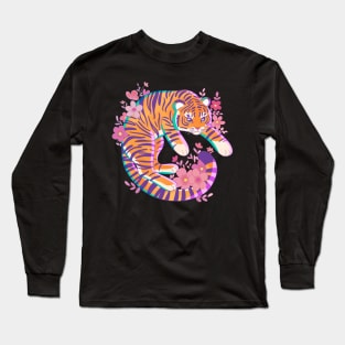 Colorful cartoon tiger with pink flowers Long Sleeve T-Shirt